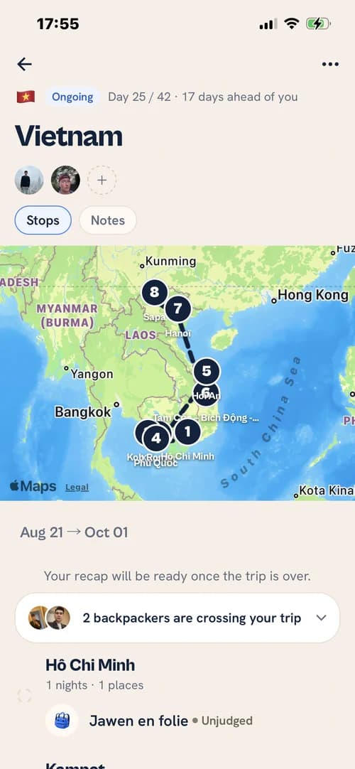 Écran Spixes de préparation d’un itinéraire au Vietnam.